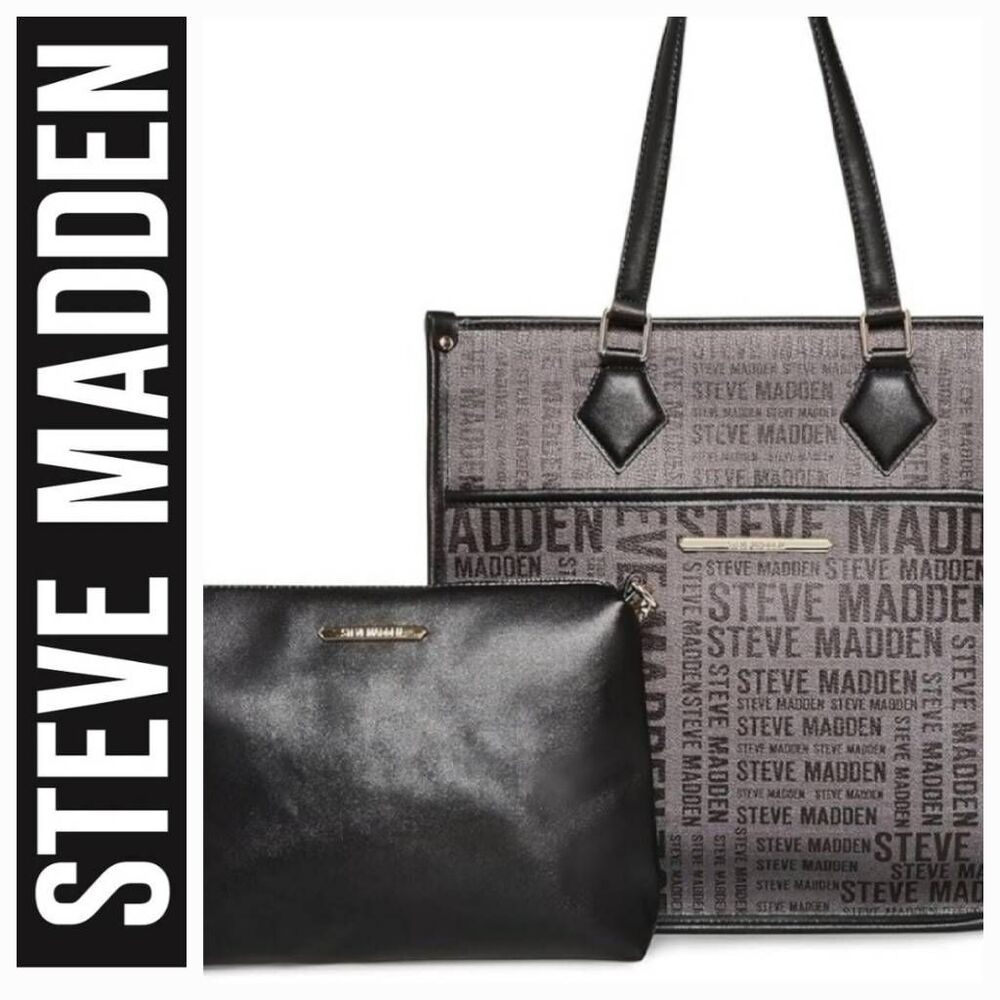 Steve Madden BSidra Mixed Repeat Logo Tote Bag w/Wristlet- Black